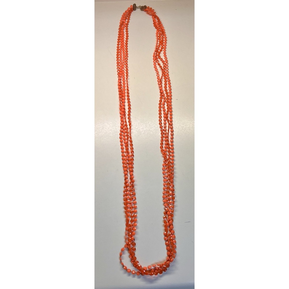 Vtg Mod Orange 1960s 4 Strand Beaded Plastic Necklace‎ 46" Barrel Clasp Hippie
